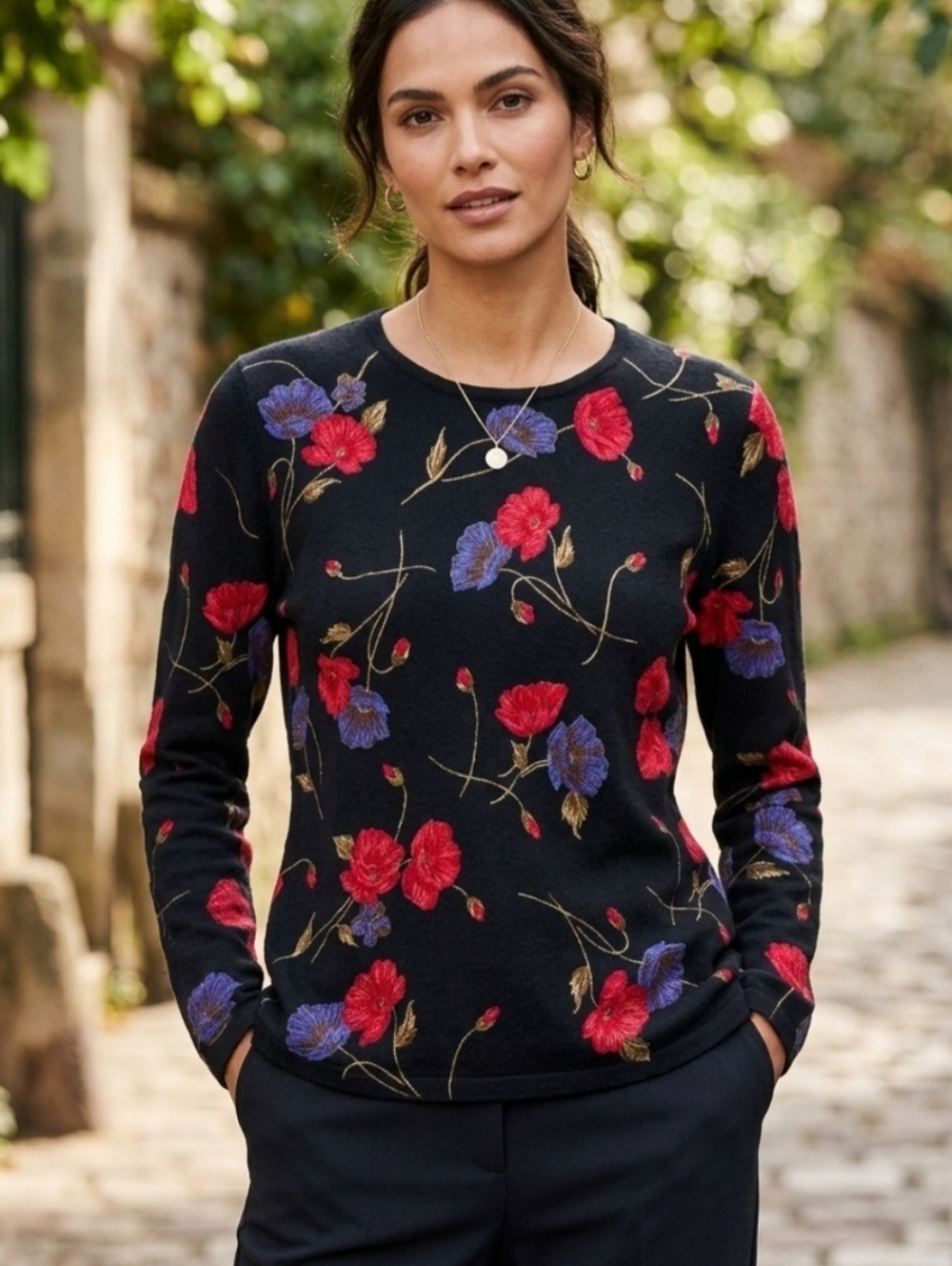 Patchington Womens XL Black Poppy Floral Pullover Sweater 100% Cashmere